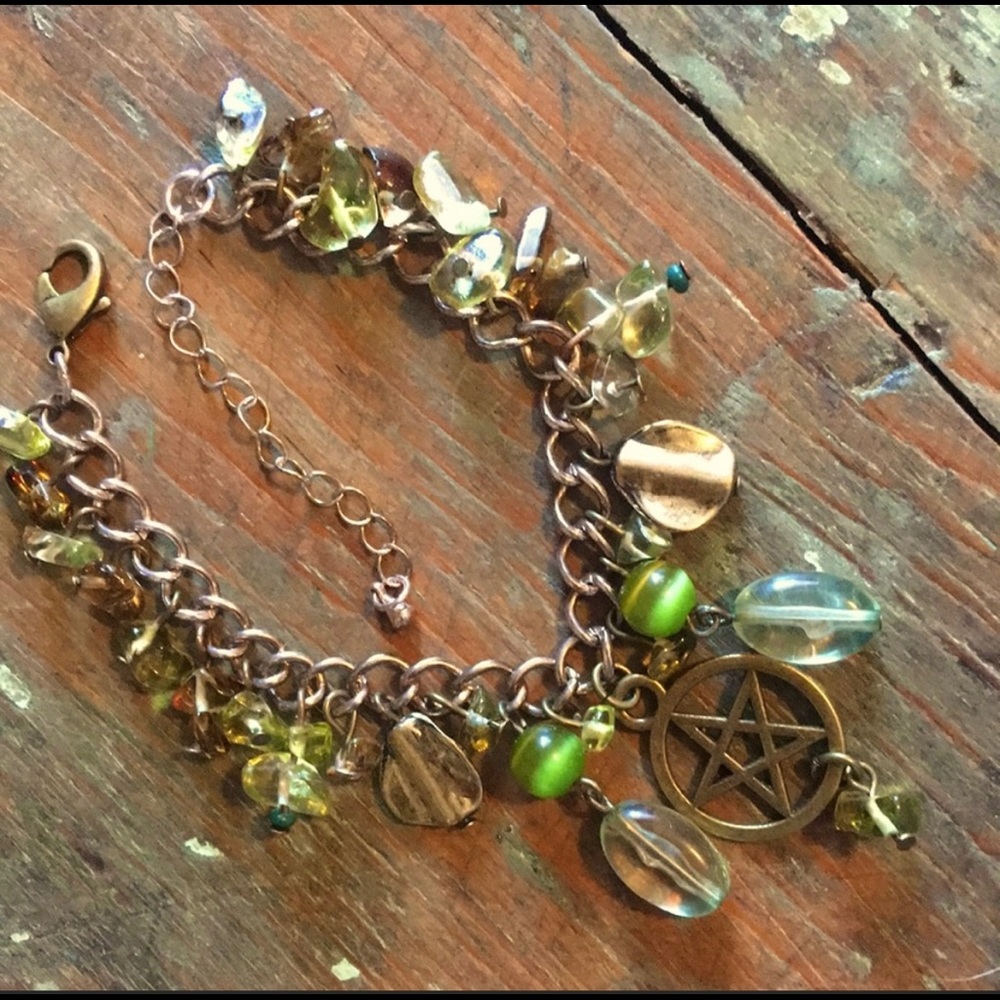 Handmade witchy pentagram star beaded stone
charm bracelet